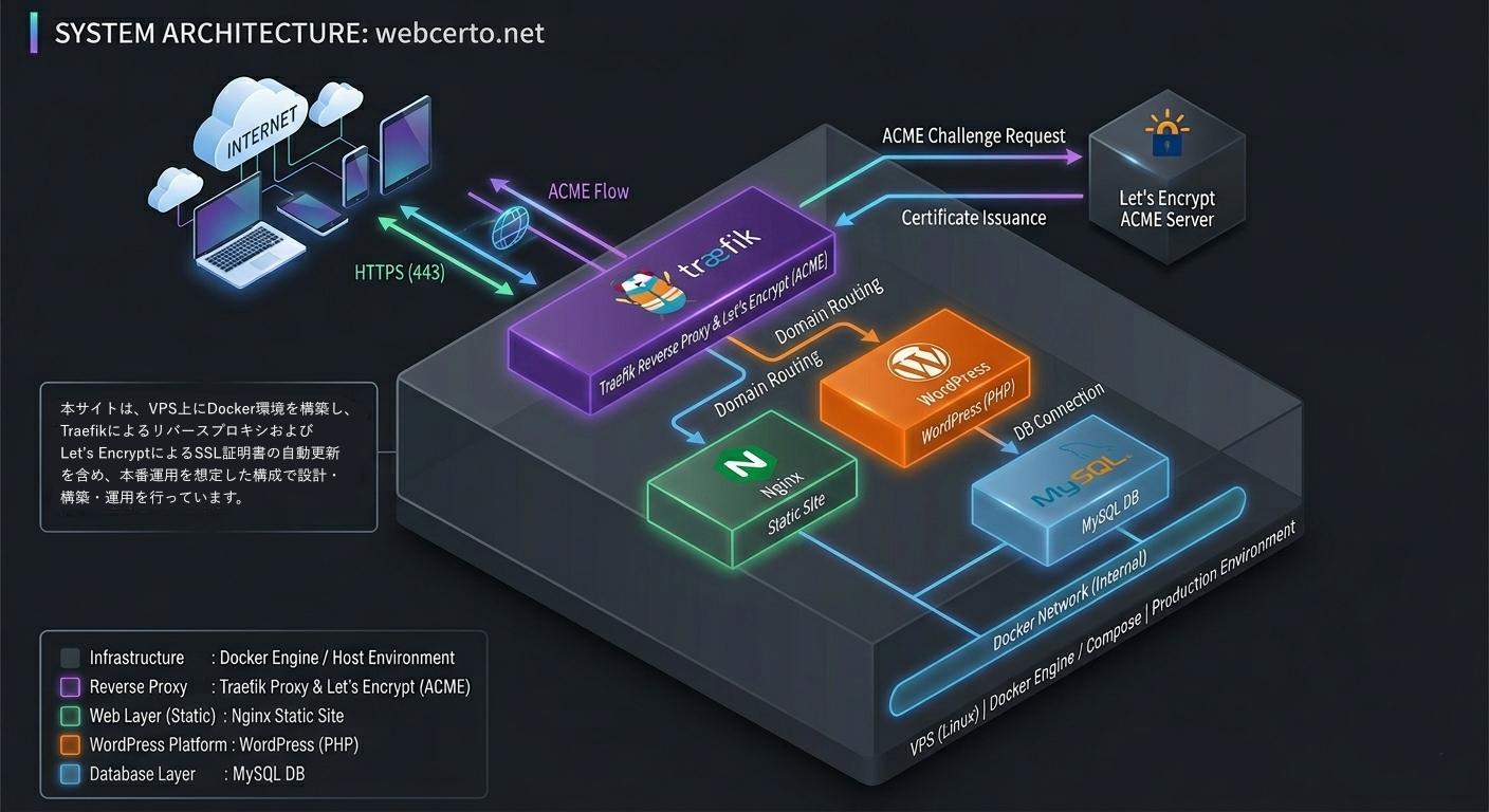 VPS上に複数コンテナ構成（nginx、WordPress、Traefik を使ったアーキテクチャ図）